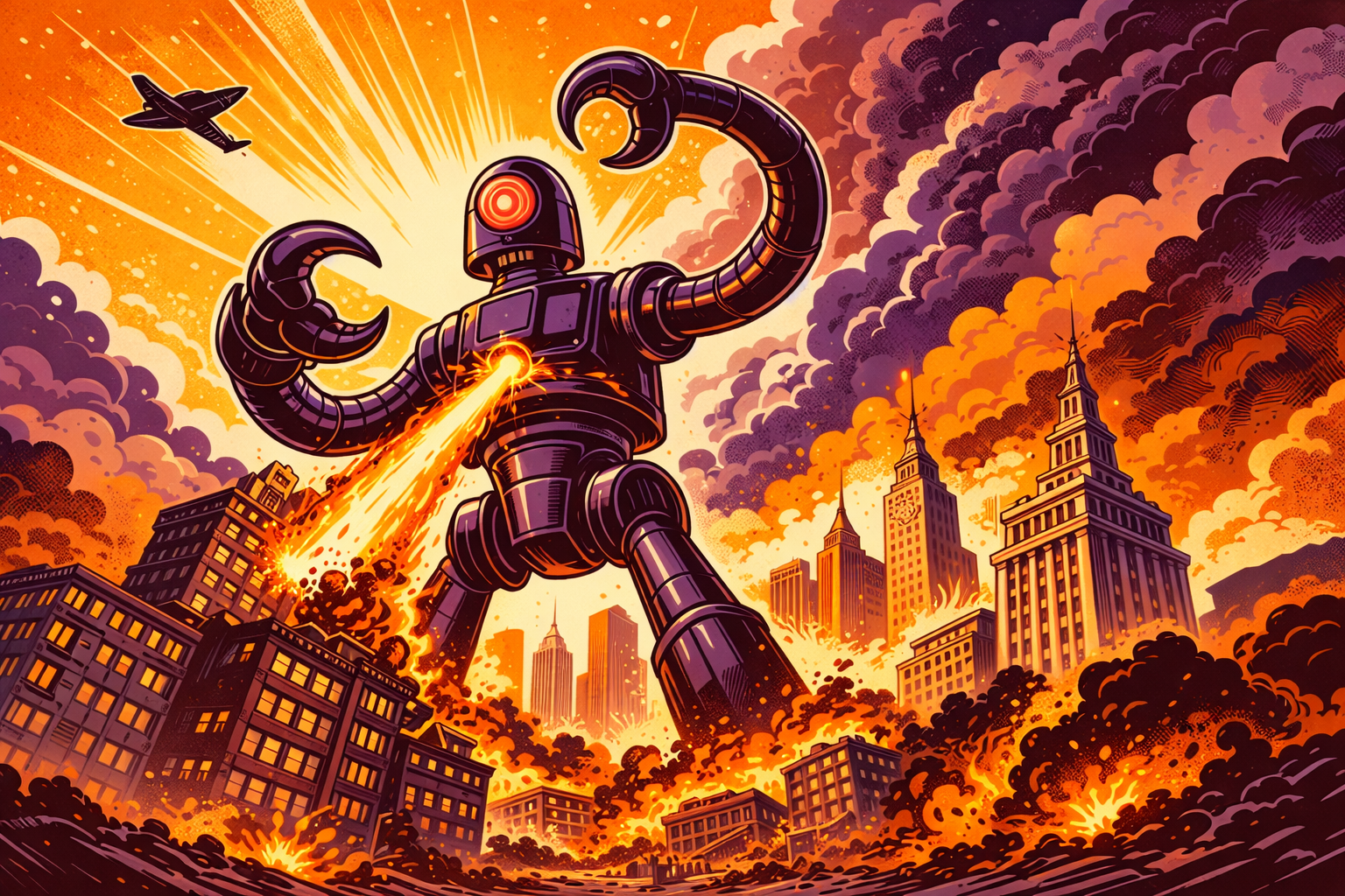 Retro sci-fi giant robot amid a destroyed city skyline.